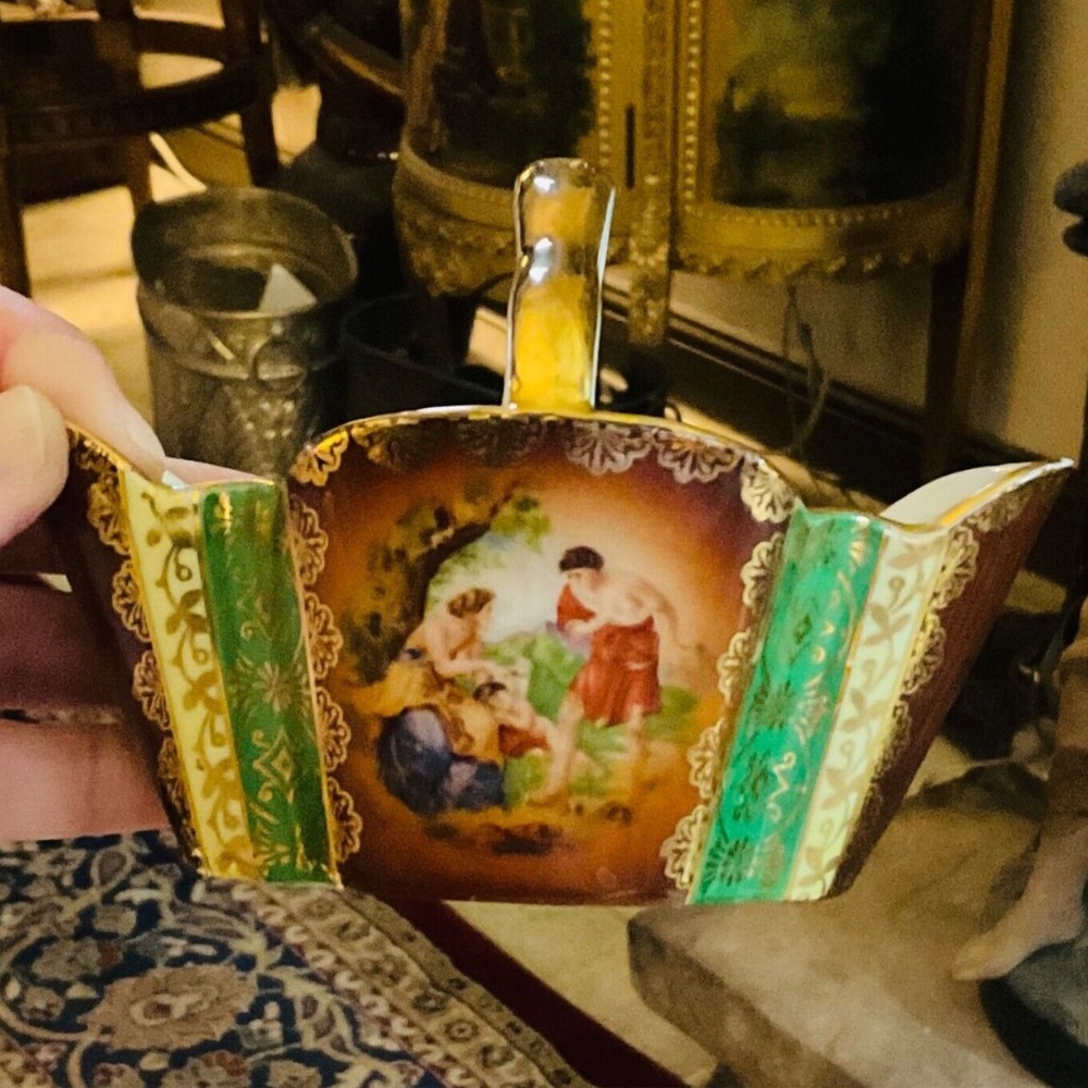 Vintage CICO Porcelain Basket Bavaria Germany Courting Couple Green Gold Small